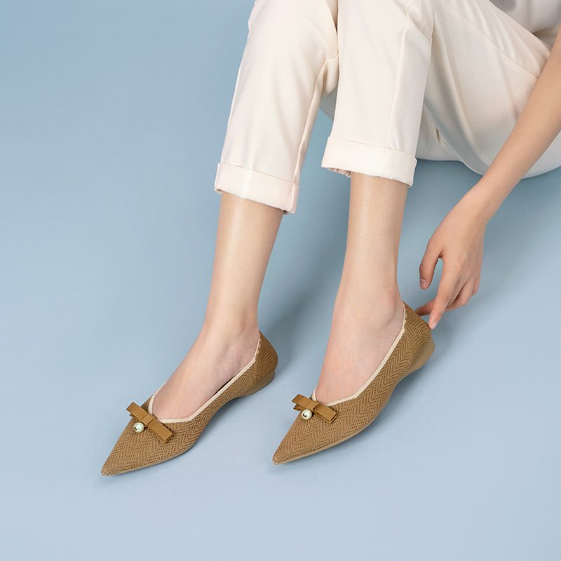 Sarah Casual Pearl Bow Commuter Flats – Pointed Toe Knit Ballet Flats