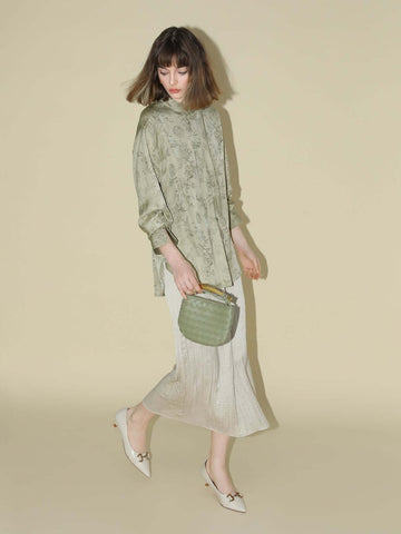 Satin Champagne Pleated Flowing A-Line Skirt