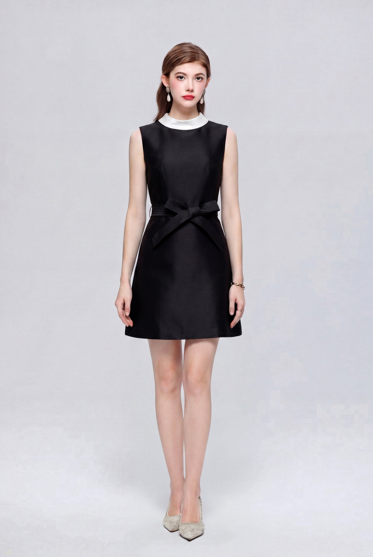 Satin Contrast-Collar Bow Mini Dress