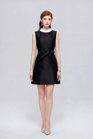 Satin Contrast-Collar Bow Mini Dress