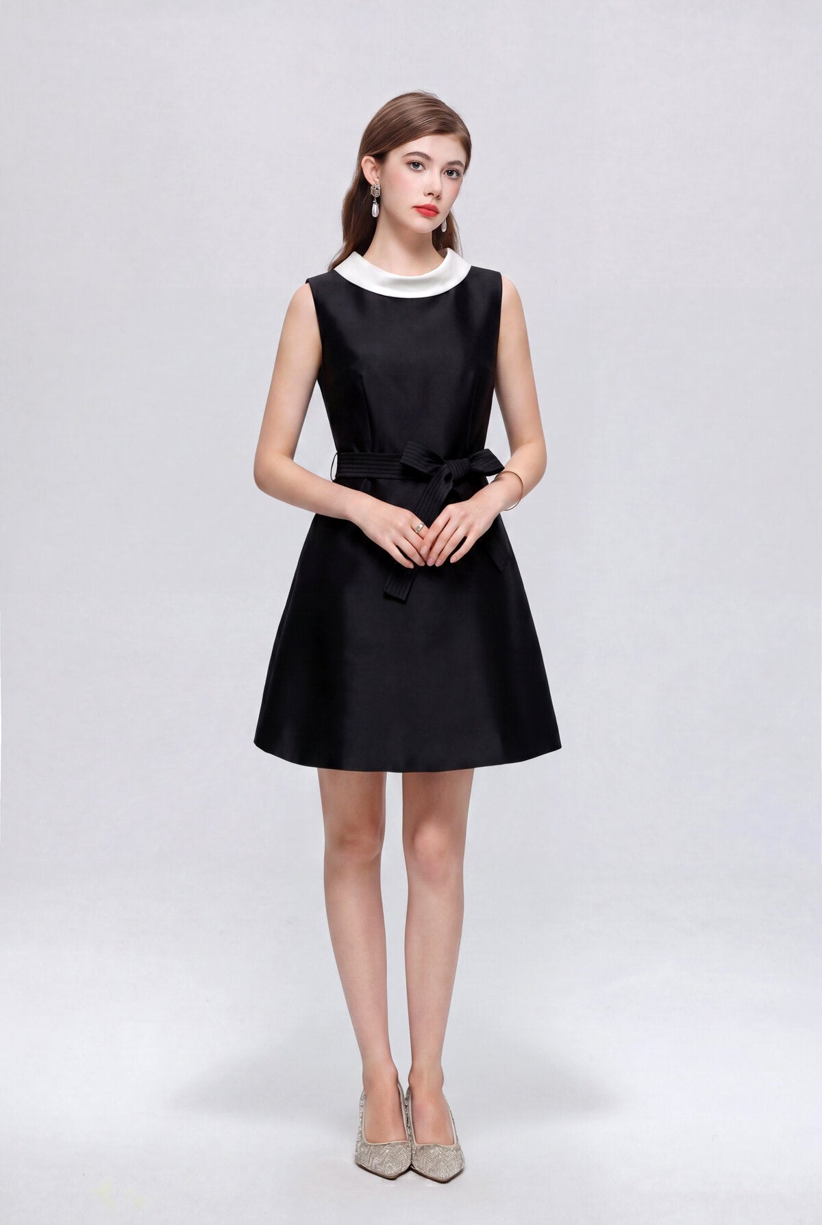 Satin Contrast-Collar Bow Mini Dress