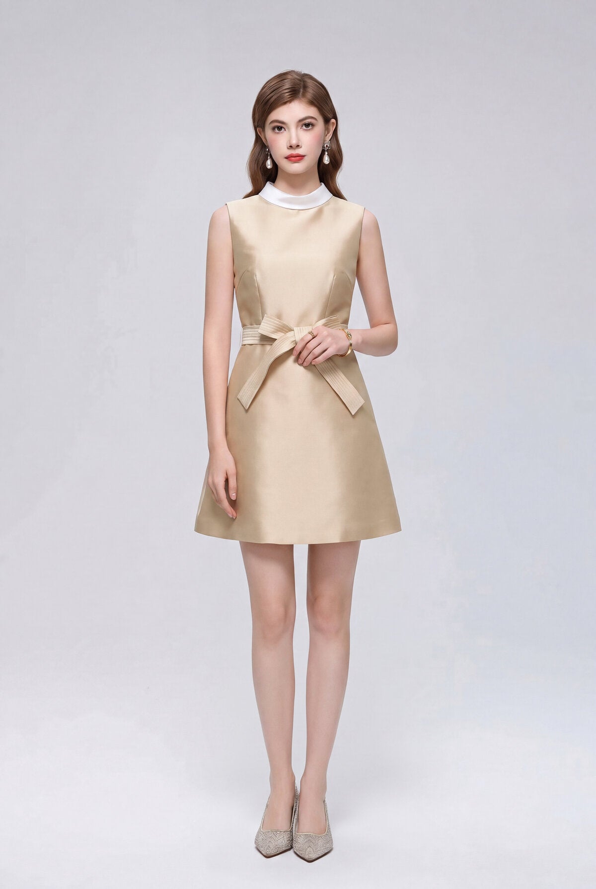 Satin Contrast-Collar Bow Mini Dress