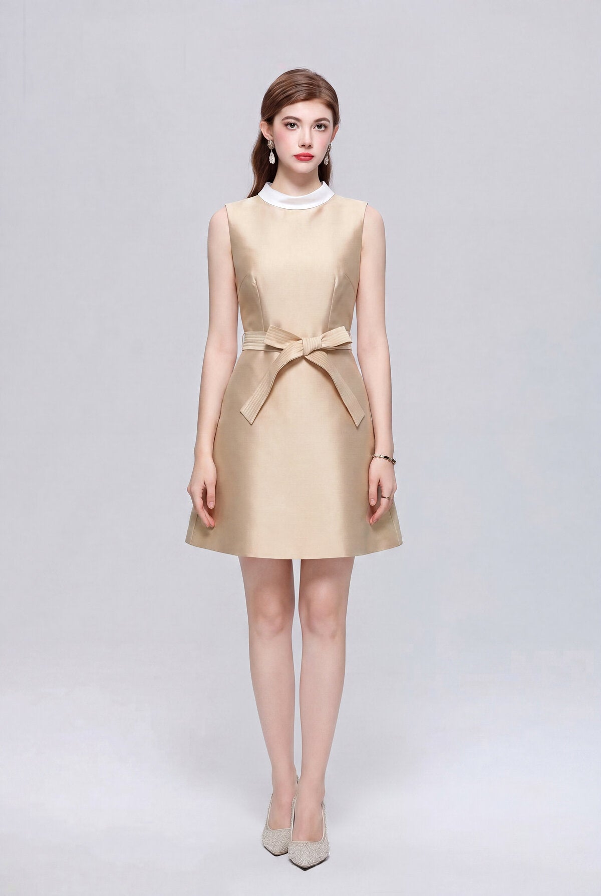 Satin Contrast-Collar Bow Mini Dress