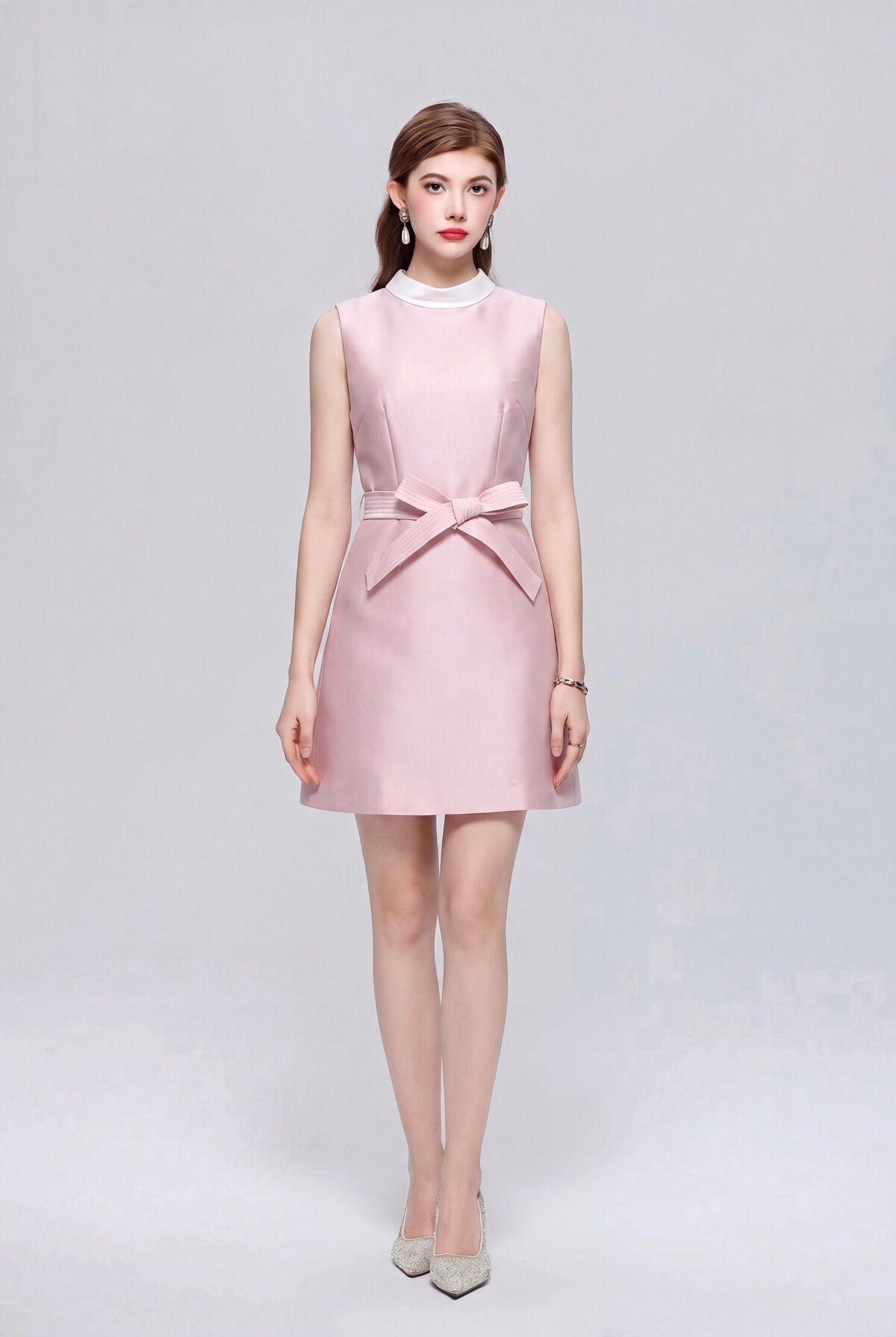 Satin Contrast-Collar Bow Mini Dress