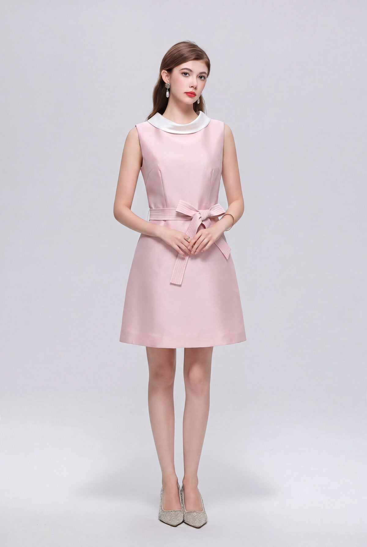 Satin Contrast-Collar Bow Mini Dress