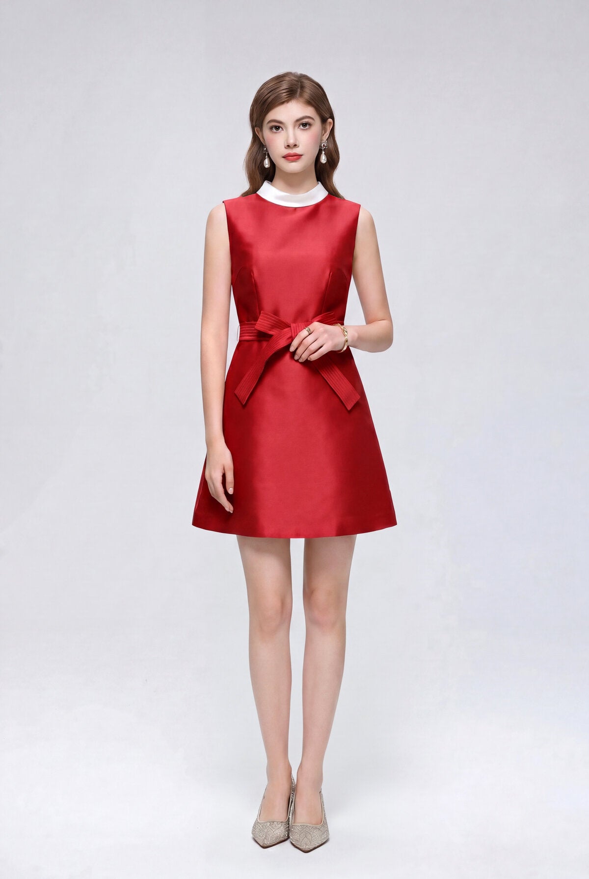 Satin Contrast-Collar Bow Mini Dress