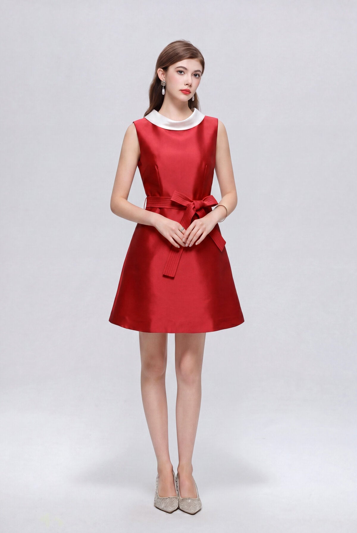 Satin Contrast-Collar Bow Mini Dress