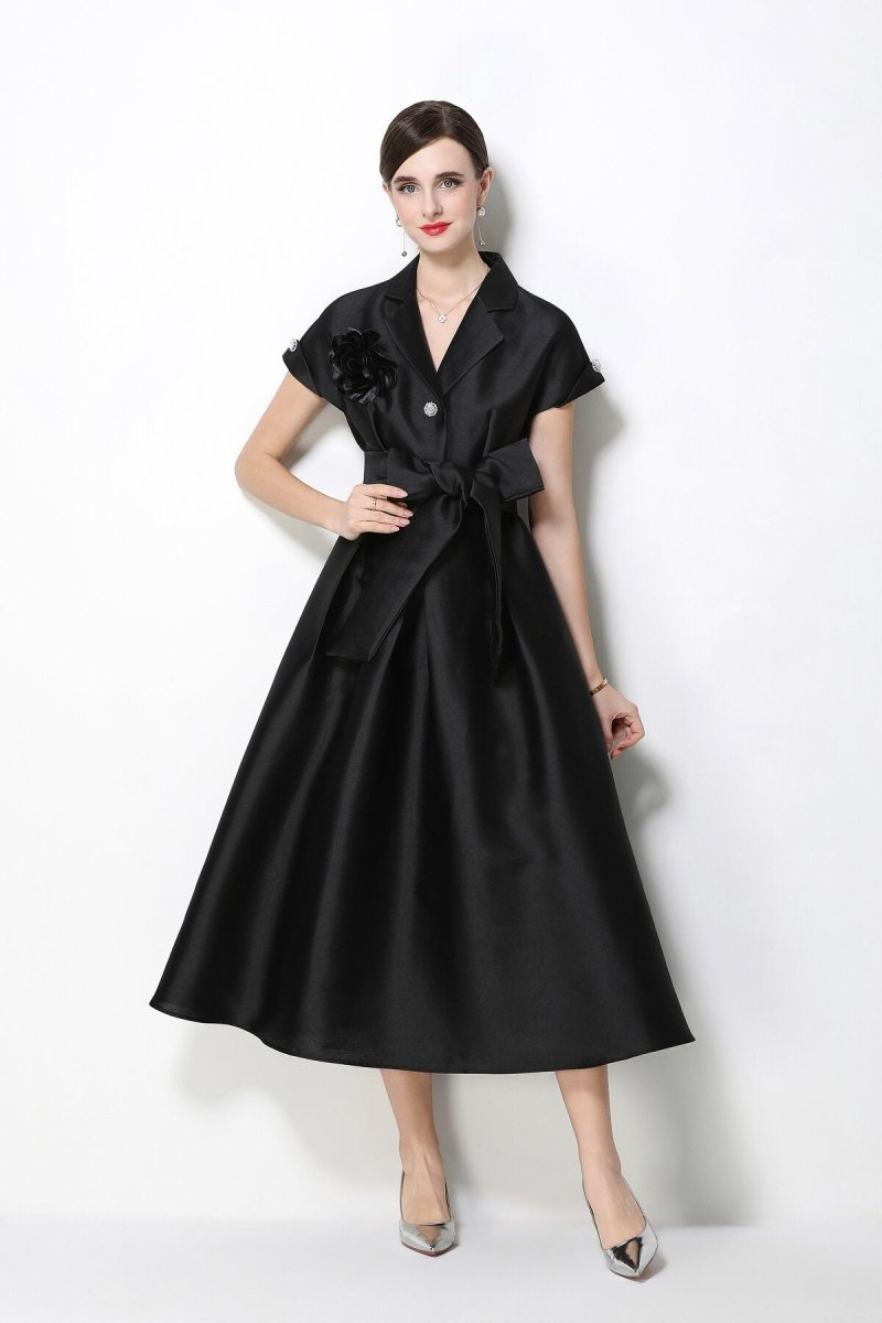 Satin Notched-Lapel Camellia Corsage Midi Dress with Jeweled Buttons & Bow Belt