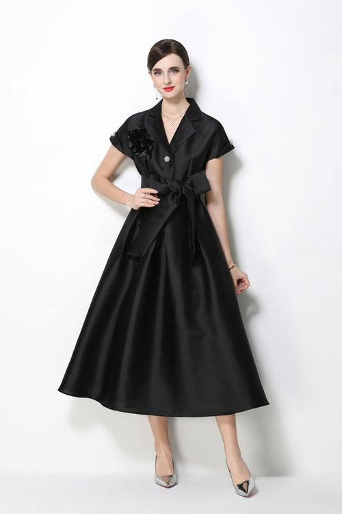 Satin Notched-Lapel Camellia Corsage Midi Dress with Jeweled Buttons & Bow Belt