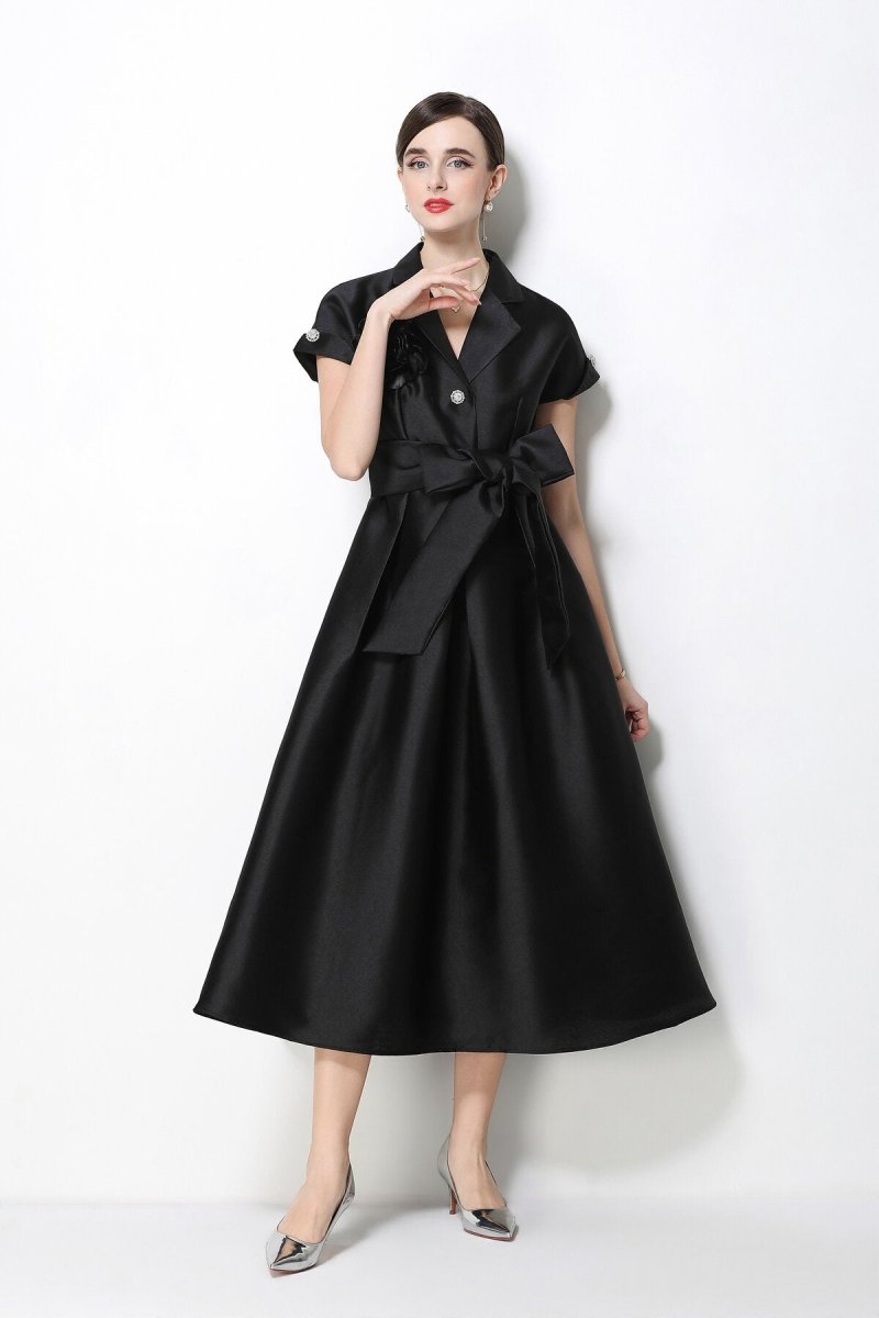 Satin Notched-Lapel Camellia Corsage Midi Dress with Jeweled Buttons & Bow Belt