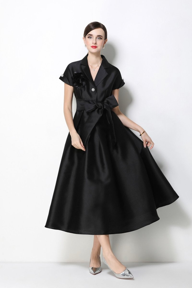 Satin Notched-Lapel Camellia Corsage Midi Dress with Jeweled Buttons & Bow Belt