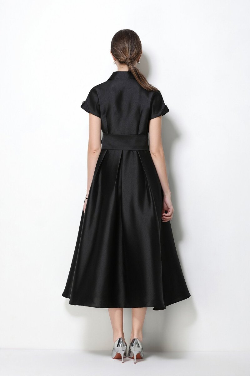 Satin Notched-Lapel Camellia Corsage Midi Dress with Jeweled Buttons & Bow Belt