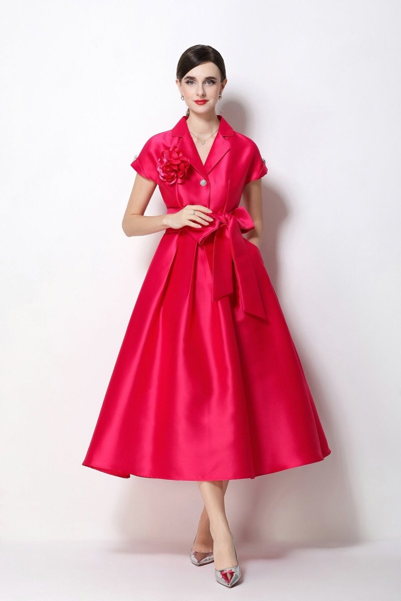 Satin Notched-Lapel Camellia Corsage Midi Dress with Jeweled Buttons & Bow Belt