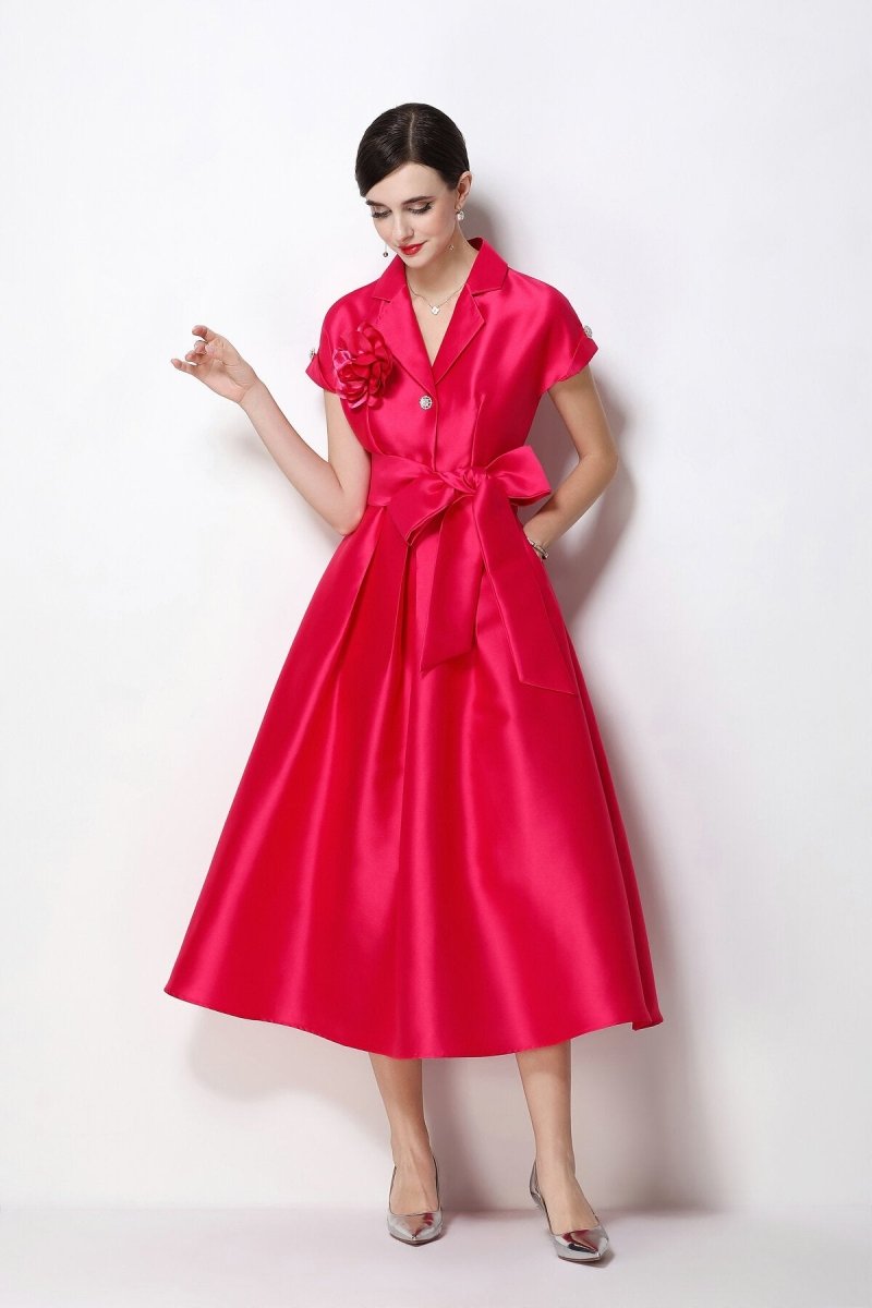 Satin Notched-Lapel Camellia Corsage Midi Dress with Jeweled Buttons & Bow Belt