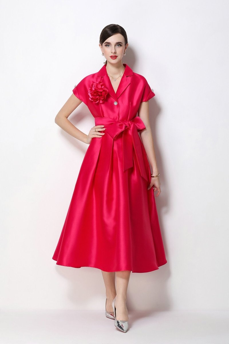 Satin Notched-Lapel Camellia Corsage Midi Dress with Jeweled Buttons & Bow Belt