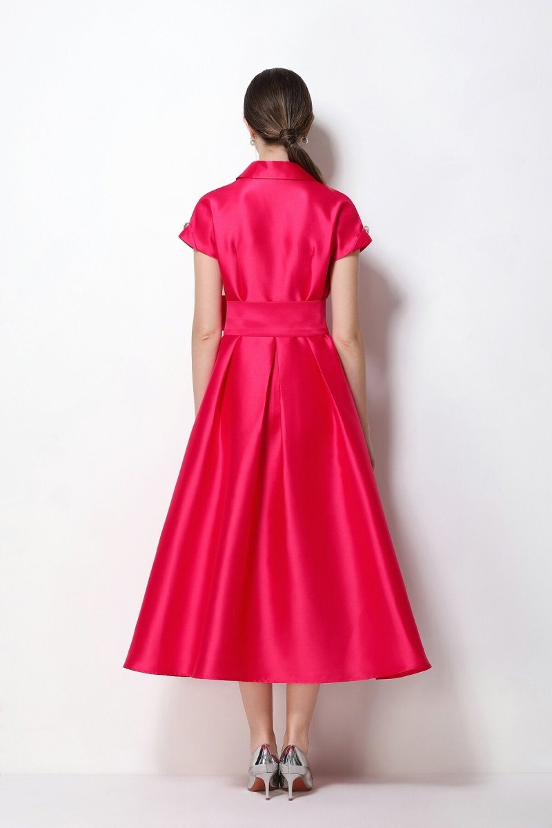 Satin Notched-Lapel Camellia Corsage Midi Dress with Jeweled Buttons & Bow Belt
