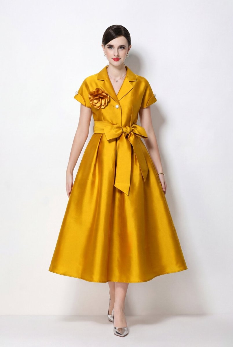 Satin Notched-Lapel Camellia Corsage Midi Dress with Jeweled Buttons & Bow Belt