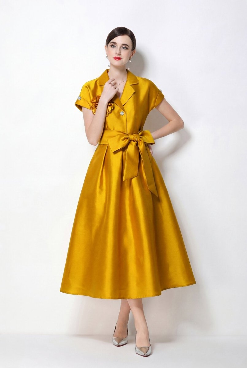 Satin Notched-Lapel Camellia Corsage Midi Dress with Jeweled Buttons & Bow Belt