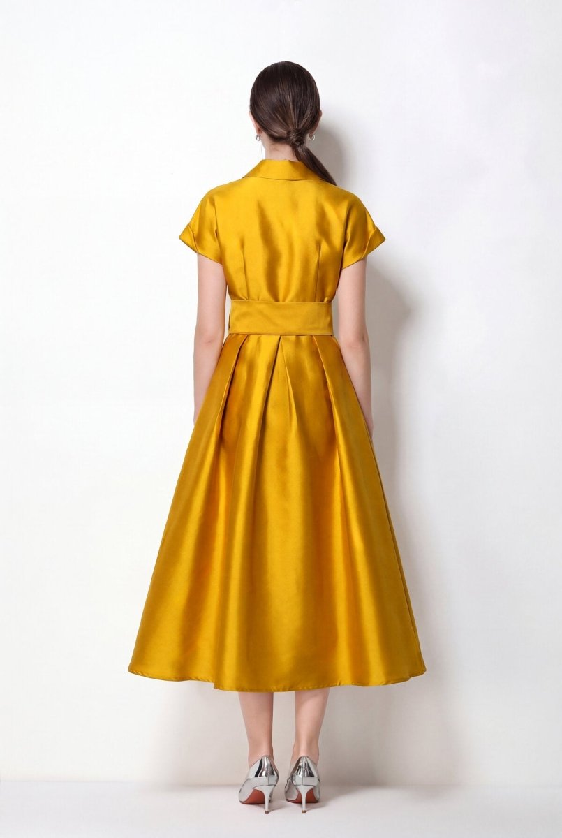 Satin Notched-Lapel Camellia Corsage Midi Dress with Jeweled Buttons & Bow Belt