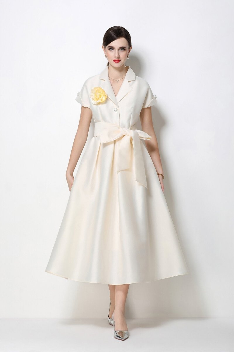 Satin Notched-Lapel Camellia Corsage Midi Dress with Jeweled Buttons & Bow Belt