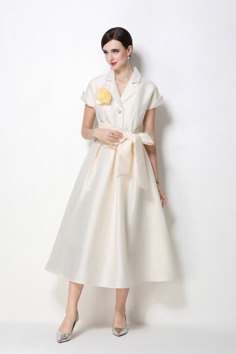 Satin Notched-Lapel Camellia Corsage Midi Dress with Jeweled Buttons & Bow Belt