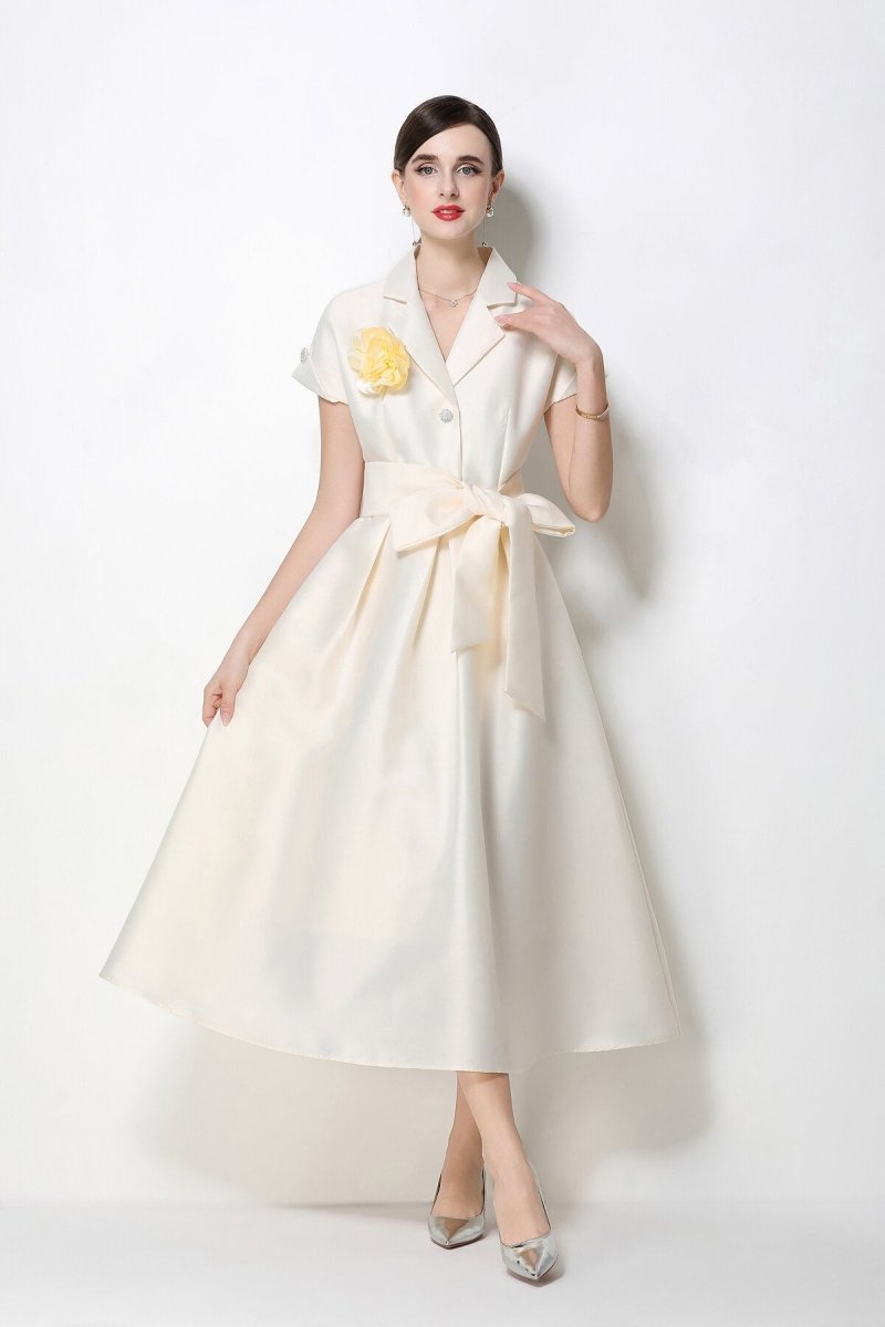 Satin Notched-Lapel Camellia Corsage Midi Dress with Jeweled Buttons & Bow Belt