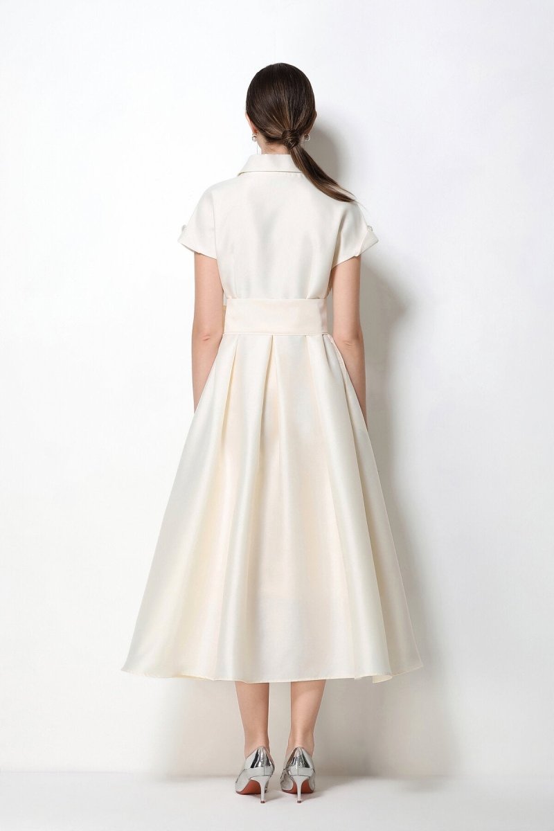 Satin Notched-Lapel Camellia Corsage Midi Dress with Jeweled Buttons & Bow Belt