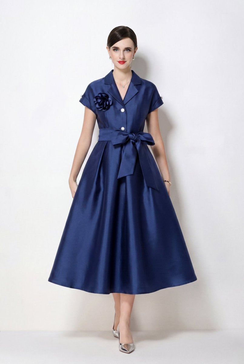 Satin Notched-Lapel Camellia Corsage Midi Dress with Jeweled Buttons & Bow Belt