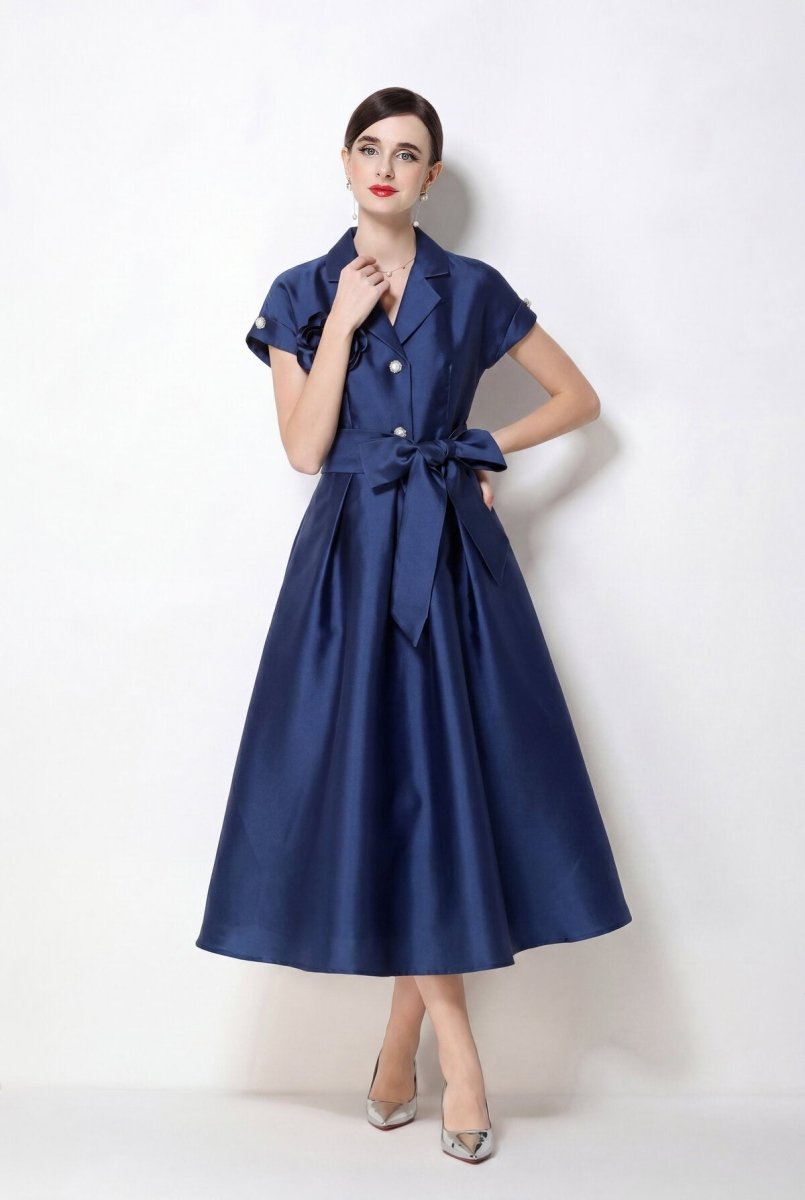 Satin Notched-Lapel Camellia Corsage Midi Dress with Jeweled Buttons & Bow Belt