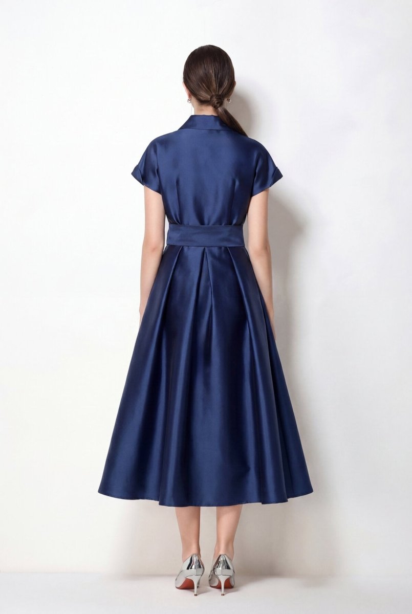 Satin Notched-Lapel Camellia Corsage Midi Dress with Jeweled Buttons & Bow Belt