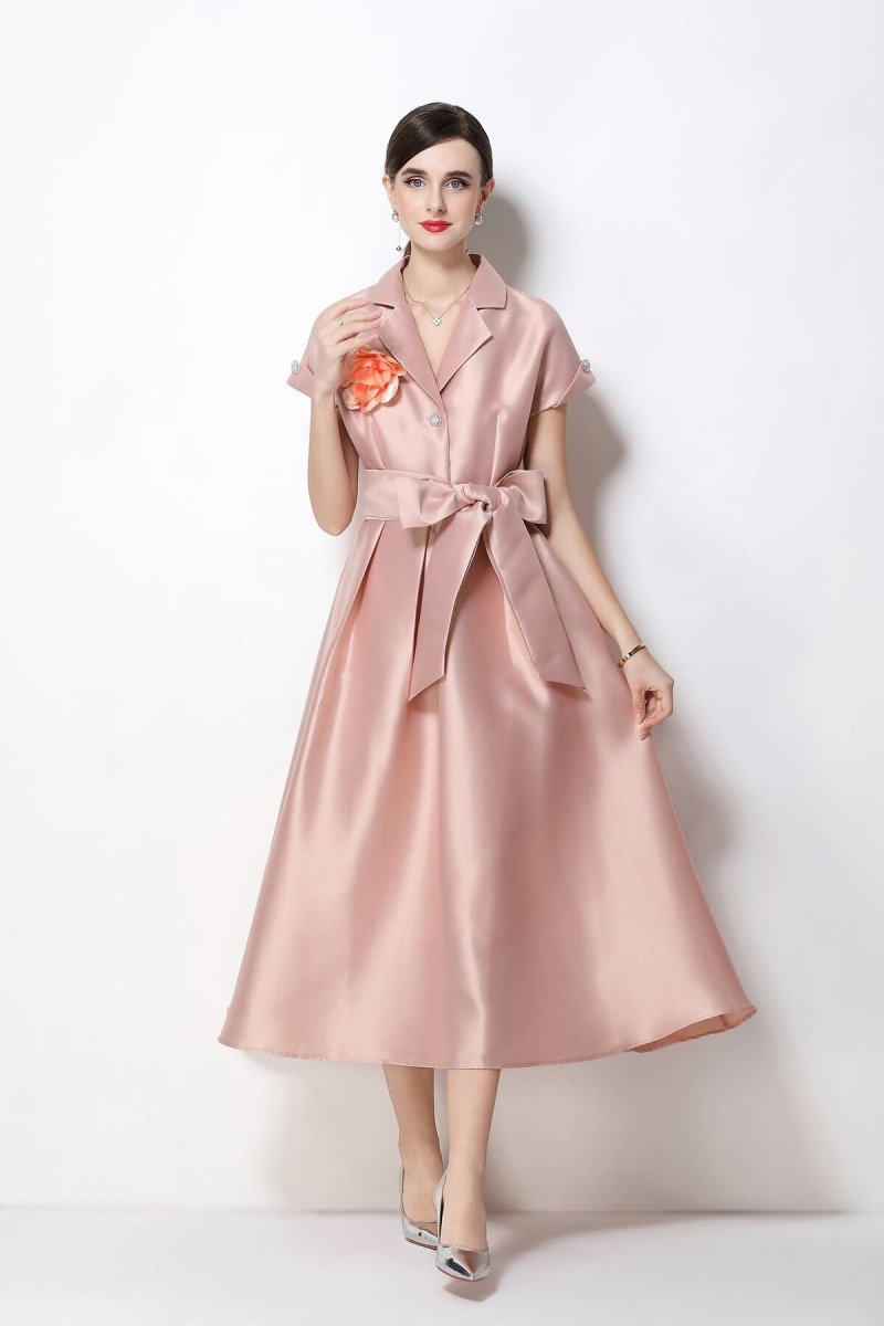 Satin Notched-Lapel Camellia Corsage Midi Dress with Jeweled Buttons & Bow Belt