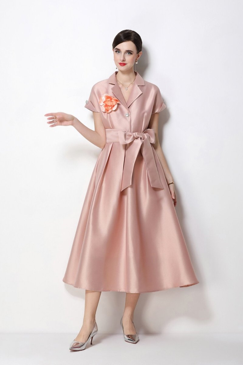 Satin Notched-Lapel Camellia Corsage Midi Dress with Jeweled Buttons & Bow Belt