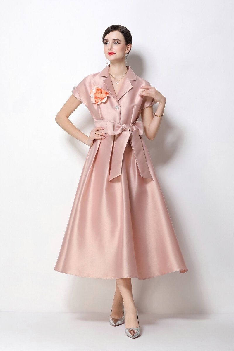 Satin Notched-Lapel Camellia Corsage Midi Dress with Jeweled Buttons & Bow Belt