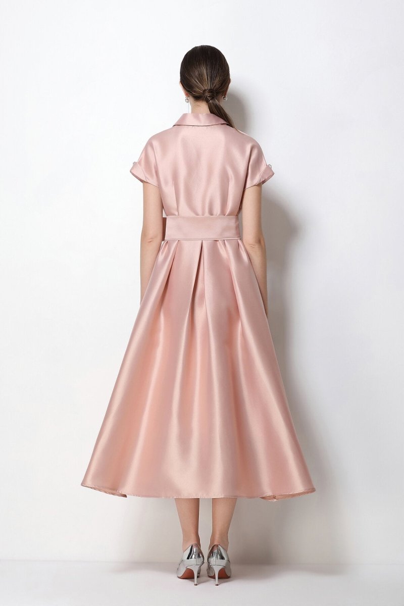 Satin Notched-Lapel Camellia Corsage Midi Dress with Jeweled Buttons & Bow Belt