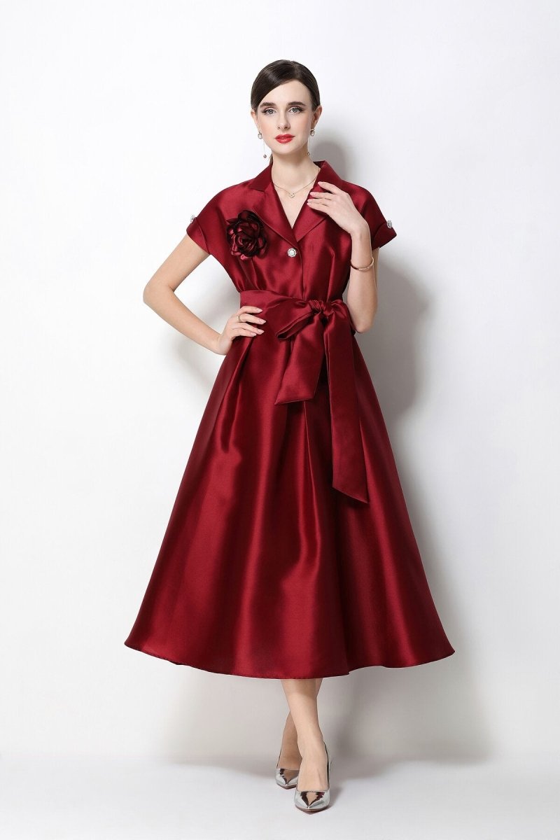 Satin Notched-Lapel Camellia Corsage Midi Dress with Jeweled Buttons & Bow Belt