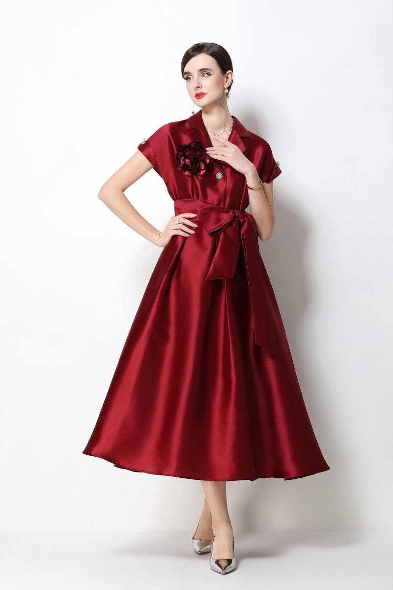 Satin Notched-Lapel Camellia Corsage Midi Dress with Jeweled Buttons & Bow Belt
