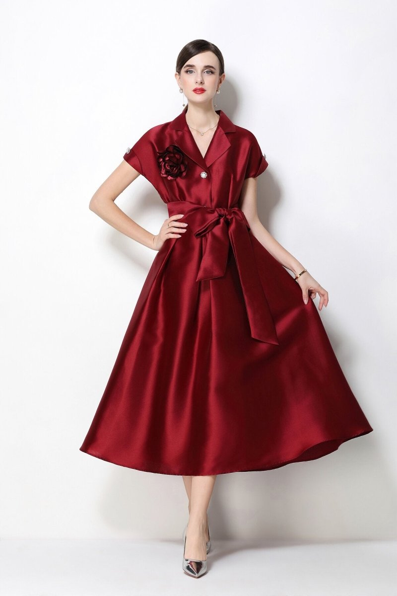 Satin Notched-Lapel Camellia Corsage Midi Dress with Jeweled Buttons & Bow Belt