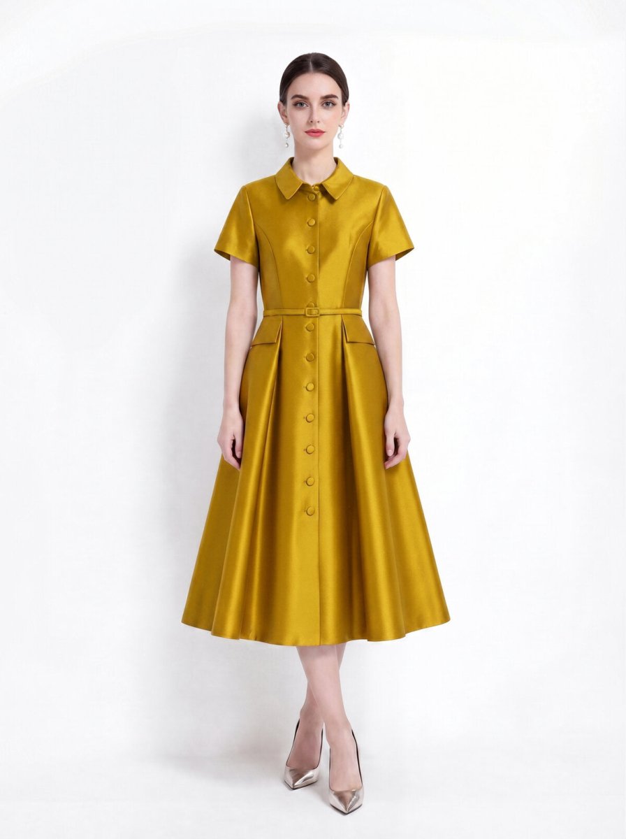 Satin Point-Collar Full-Button Midi Dress with Flap Pockets and Belted Waist