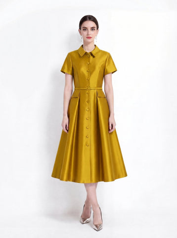 Satin Point-Collar Full-Button Midi Dress with Flap Pockets and Belted Waist