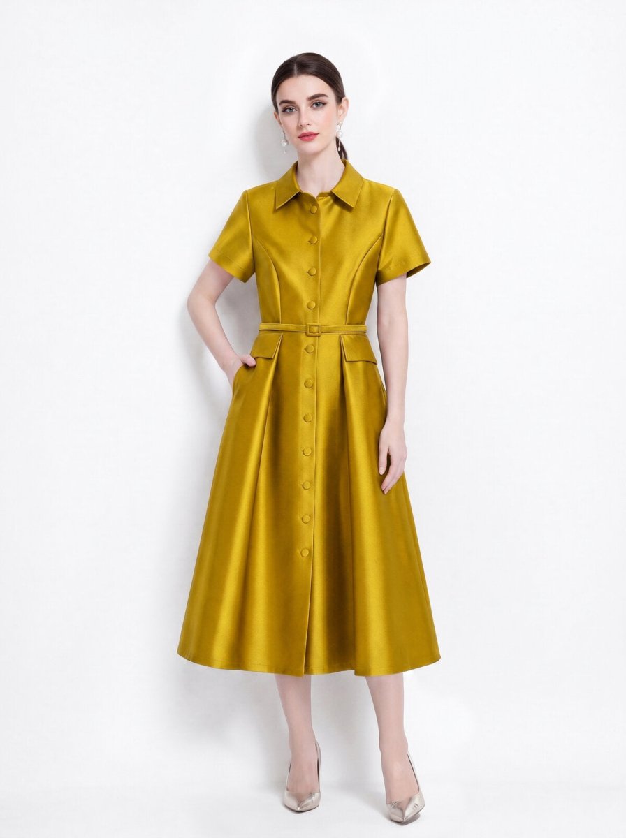 Satin Point-Collar Full-Button Midi Dress with Flap Pockets and Belted Waist