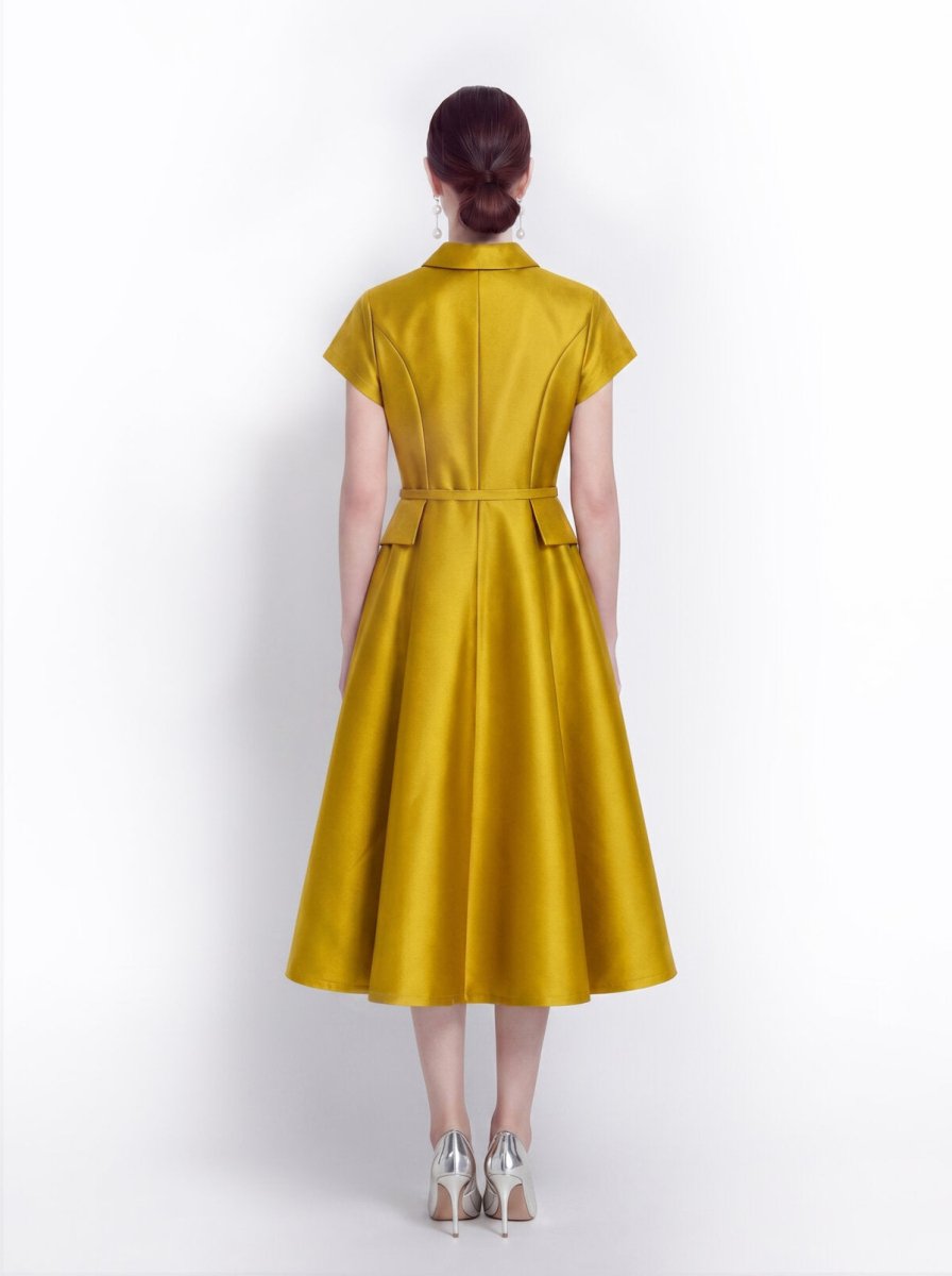 Satin Point-Collar Full-Button Midi Dress with Flap Pockets and Belted Waist