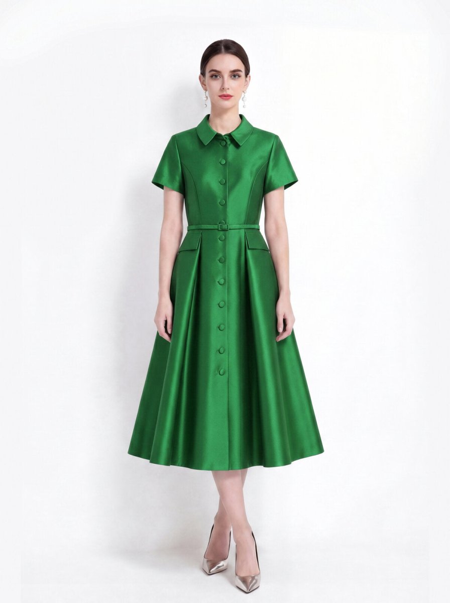 Satin Point-Collar Full-Button Midi Dress with Flap Pockets and Belted Waist