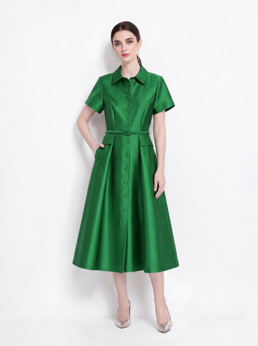 Satin Point-Collar Full-Button Midi Dress with Flap Pockets and Belted Waist