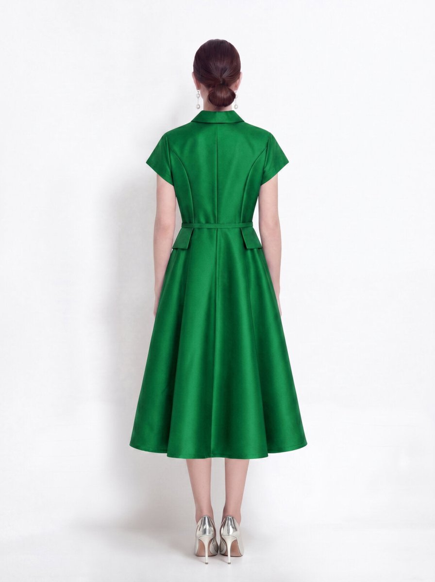 Satin Point-Collar Full-Button Midi Dress with Flap Pockets and Belted Waist