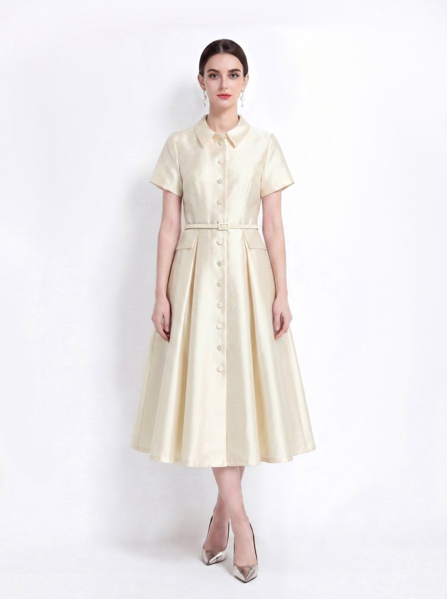Satin Point-Collar Full-Button Midi Dress with Flap Pockets and Belted Waist