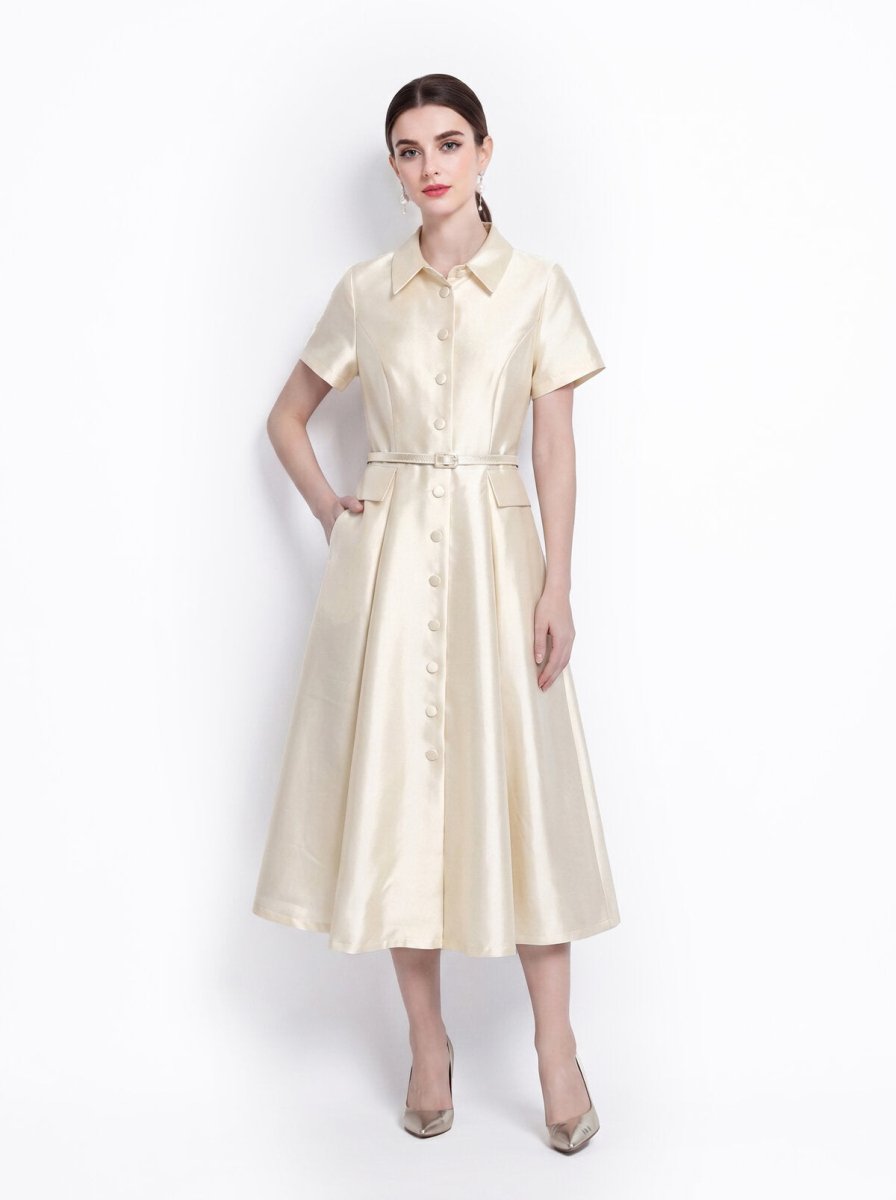 Satin Point-Collar Full-Button Midi Dress with Flap Pockets and Belted Waist