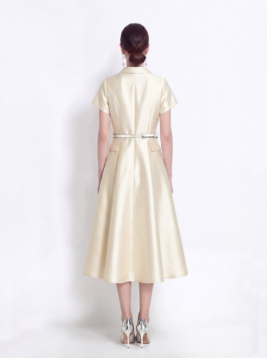 Satin Point-Collar Full-Button Midi Dress with Flap Pockets and Belted Waist