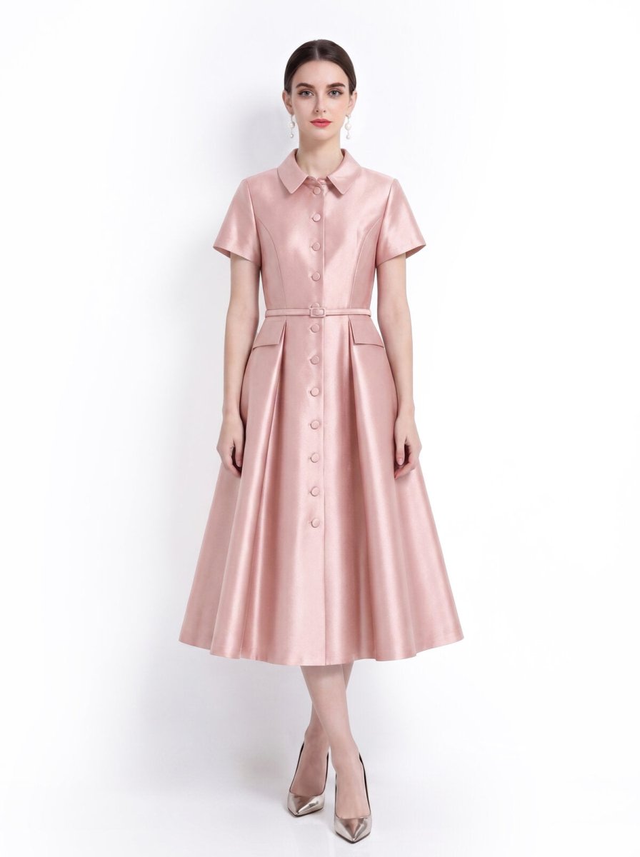 Satin Point-Collar Full-Button Midi Dress with Flap Pockets and Belted Waist