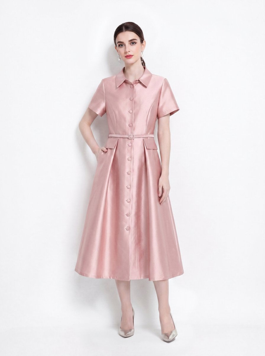 Satin Point-Collar Full-Button Midi Dress with Flap Pockets and Belted Waist