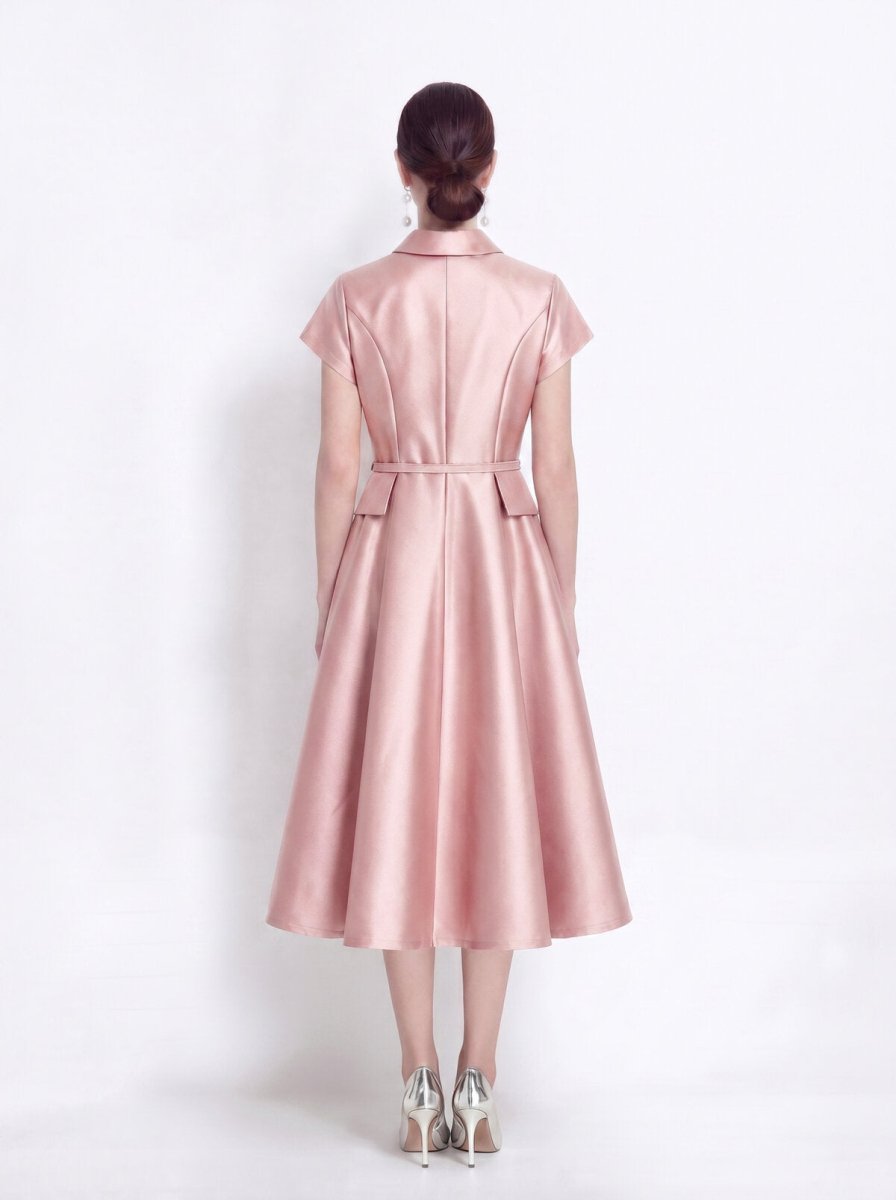 Satin Point-Collar Full-Button Midi Dress with Flap Pockets and Belted Waist